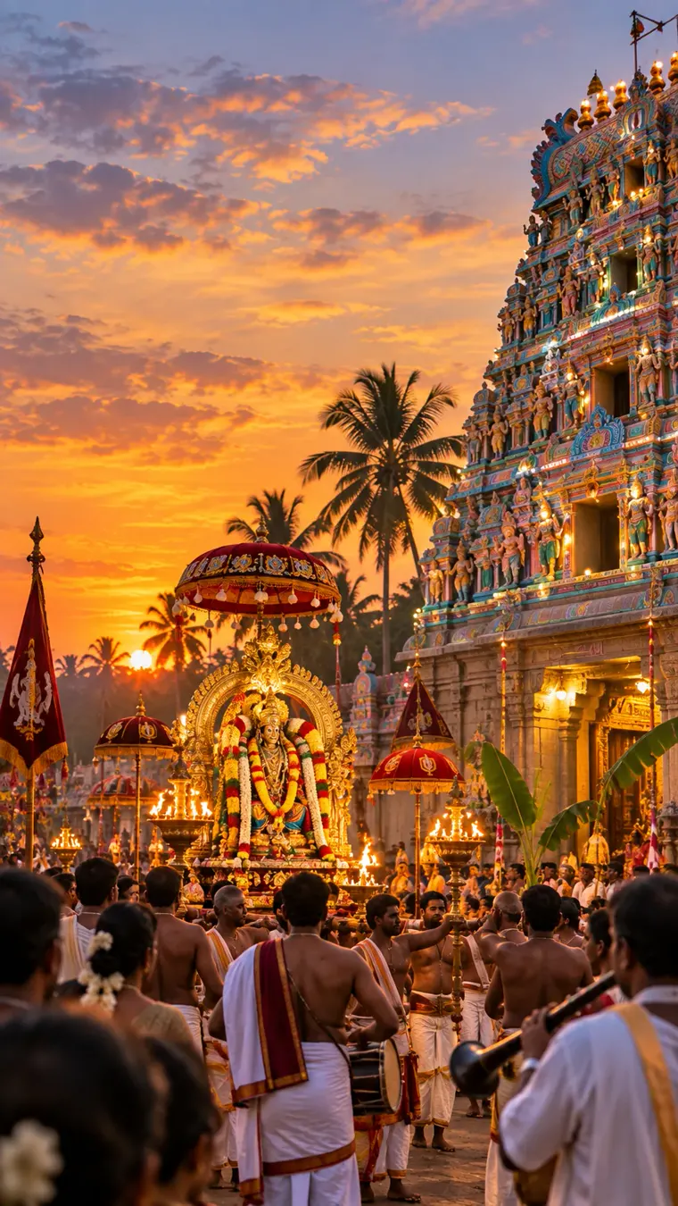 A temple festival procession with drummers and decorated umbrellas at dusk