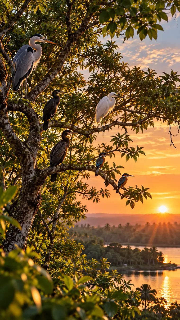 Herons, egrets and cormorants perched in a tree above a lagoon at sunset